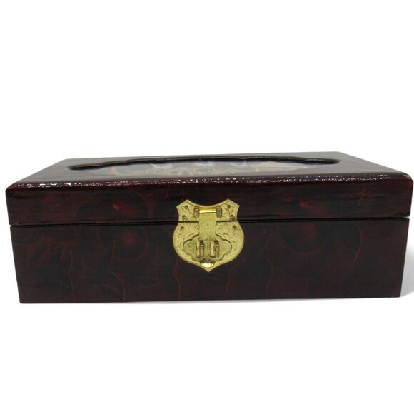 Asian Wooden JEWELRY BOX with 3D Cork Pagoda and Crane Birds Lacquered 9 Inches - Picture 4 of 11